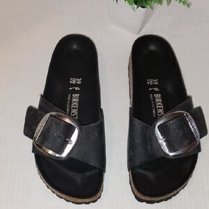 Birkenstock Black Madrid Big Buckle Slides with Silver Buckles. Womens 8 Men 6.